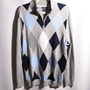 Mens Large Gray Blue Pima Cotton Argyle Sweater Tennis Prep 1/4 Zip Preppy Golf